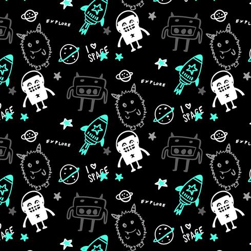 Hand drawn space monster pattern background vector
