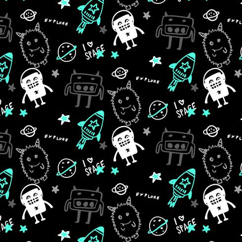 Hand drawn space monster pattern background vector