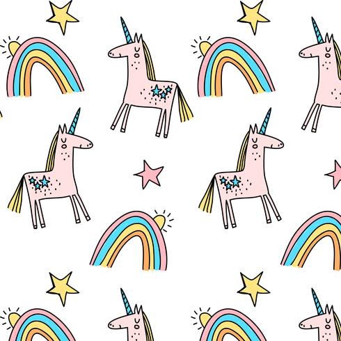 Hand drawn pastel unicorn and rainbow pattern  vector