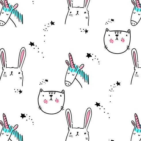 Hand drawn cartoon animal line drawing pattern