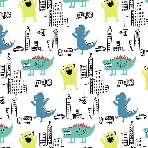 Hand drawn monsters in city pattern background  vector