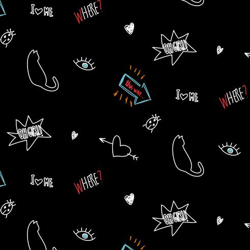 Hand drawn white line cats and phrases pattern  vector