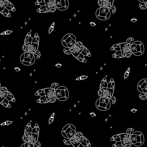 Hand drawn white line astronaut bear pattern  vector