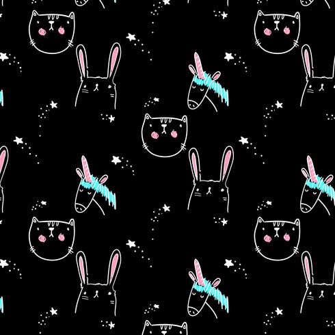 Hand drawn white line animal pattern on black background  vector