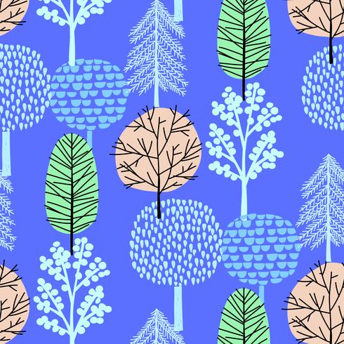 Hand drawn tree pattern blue background vector