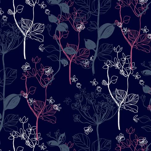 Hand drawn white grey and fuchsia delicate line floral leaf pattern  vector