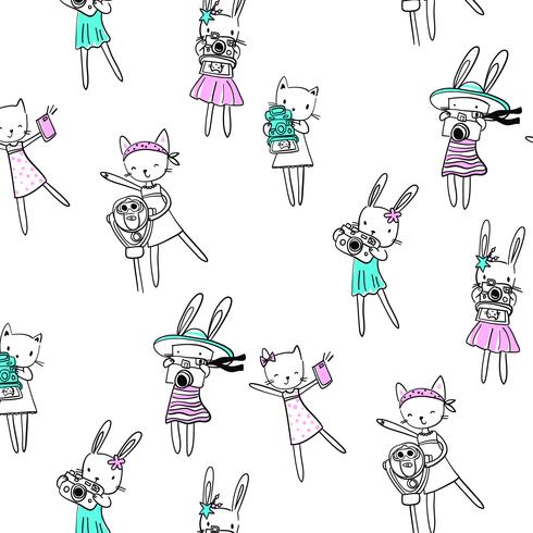 Hand drawn line active rabbit and cat  pattern vector