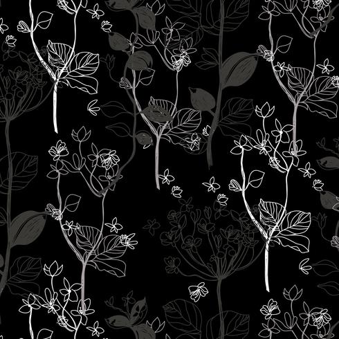 Hand drawn black and white tree pattern background vector