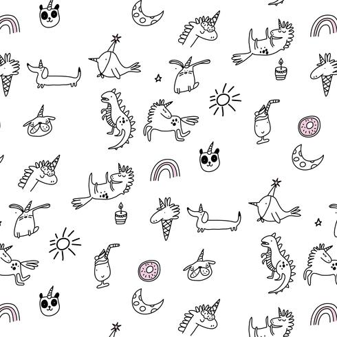Hand drawn cartoon line animals pattern  vector