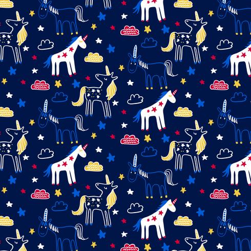 Hand drawn unicorn pattern on dark blue black background  vector