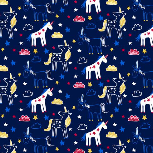 Hand drawn unicorn pattern on dark blue black background  vector