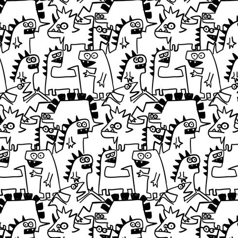 Hand drawn black  line monster dinosaur pattern  vector