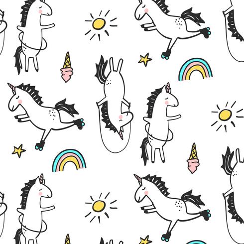 Hand drawn line pattern of unicorns playing  vector