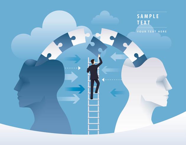 Businessman Climbing Ladder to pushing jigsaw puzzle pieces together vector