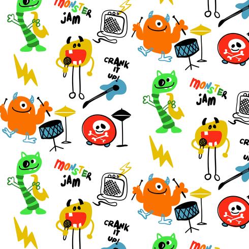 Hand drawn colorful monsters music pattern background  vector