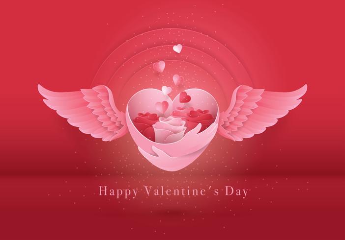 Valentine day card Red and White Rose In Heart with Wings Valentine day card vector