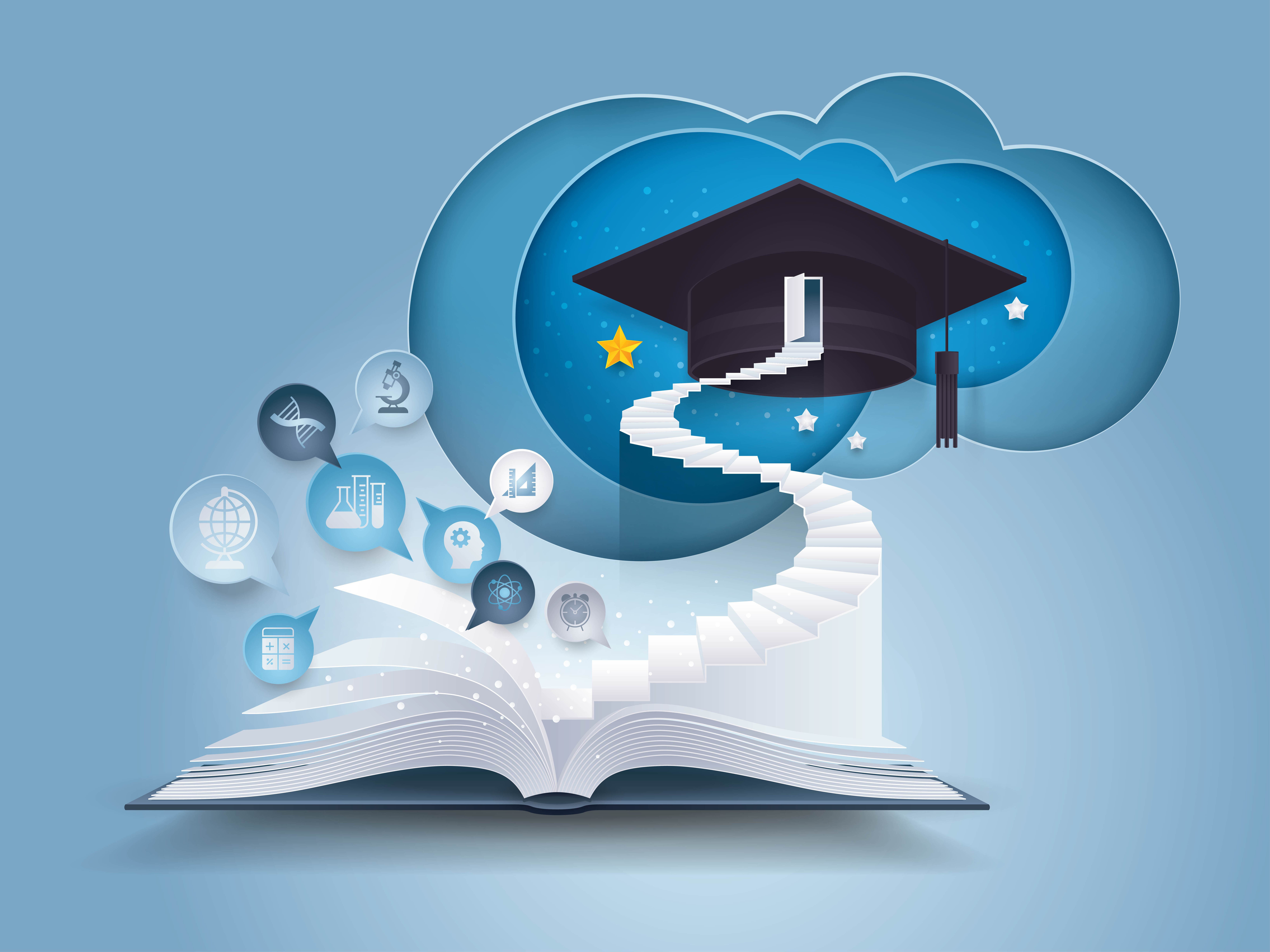Open book with stair to graduation cap 673990 Vector Art at Vecteezy