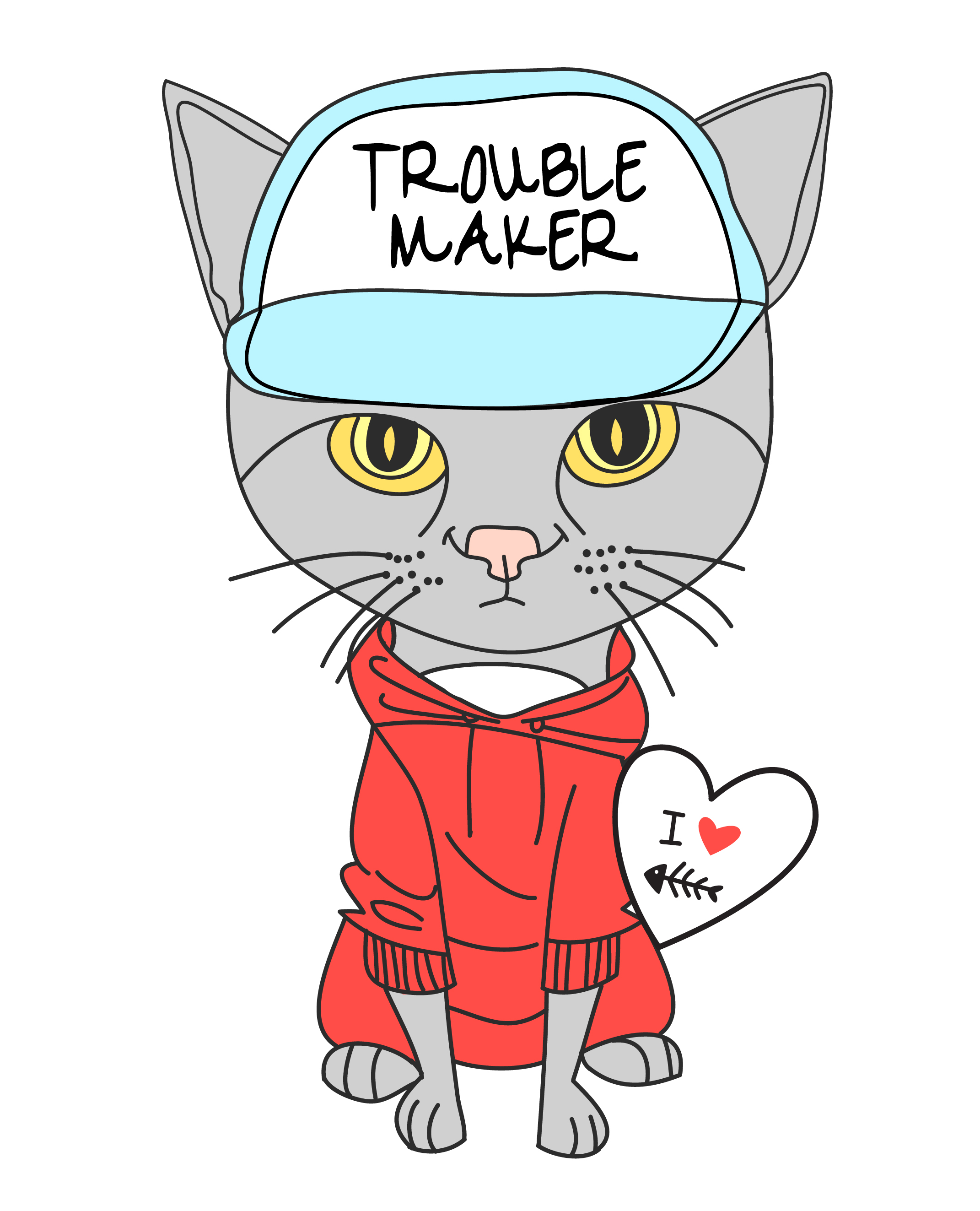 Hand drawn cute cat wearing hat and sweatshirt illustration 674027