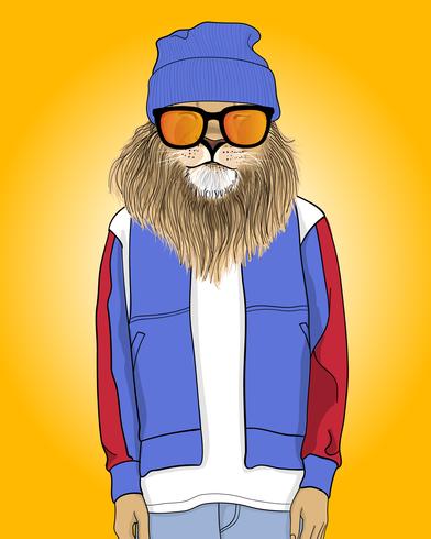 Hand drawn cool lion wearing a beanie illustration vector