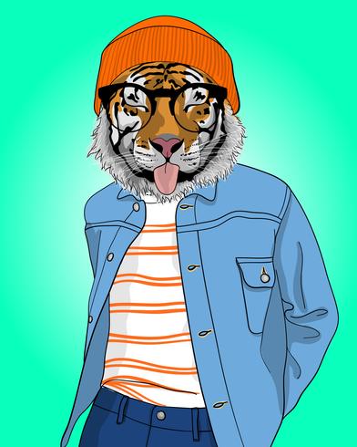 Dibujado a mano tigre fresco con ilustración de lengua afuera vector