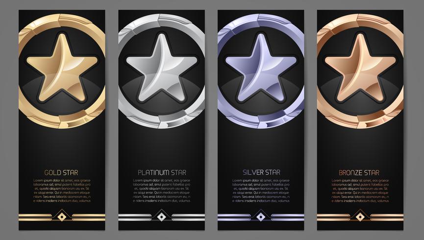 Conjunto de estandartes negros, estrella de oro, platino, plata y bronce vector