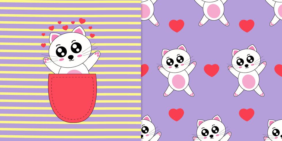Cartoon cat and seamless pattern cute hand drawn style vector