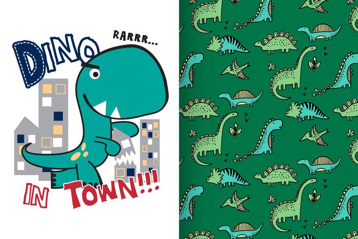 Dino in Town Hand Drawn Cute Dinosaur with pattern set vector
