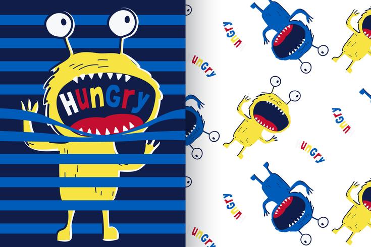 hungry monster with pattern set vector