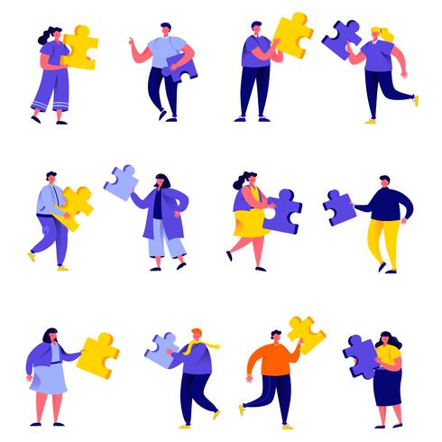 Set of flat people connecting puzzle elements characters vector