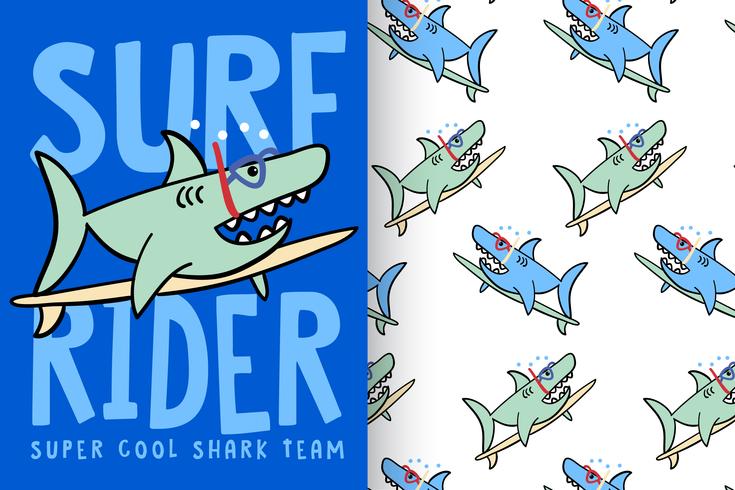 Surf Rider shark with pattern set vector