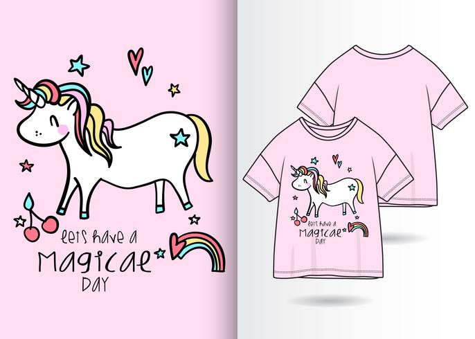 Diseño de camiseta de unicornio lindo dibujado a mano vector