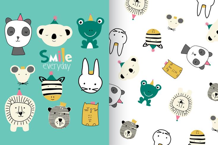 Hand drawn cute animal with pattern set vector