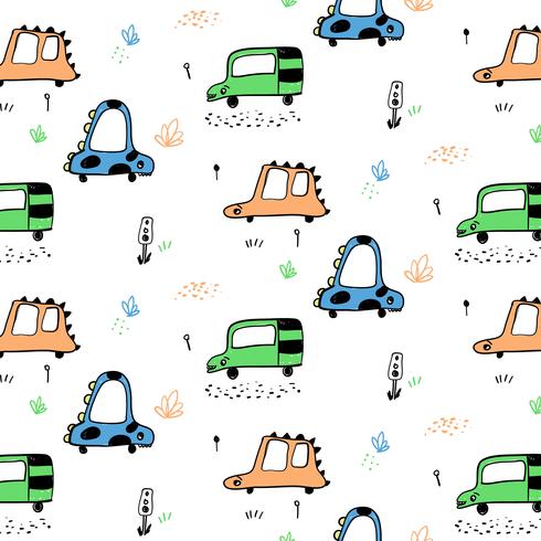 Hand drawn animal cars with faces pattern  vector