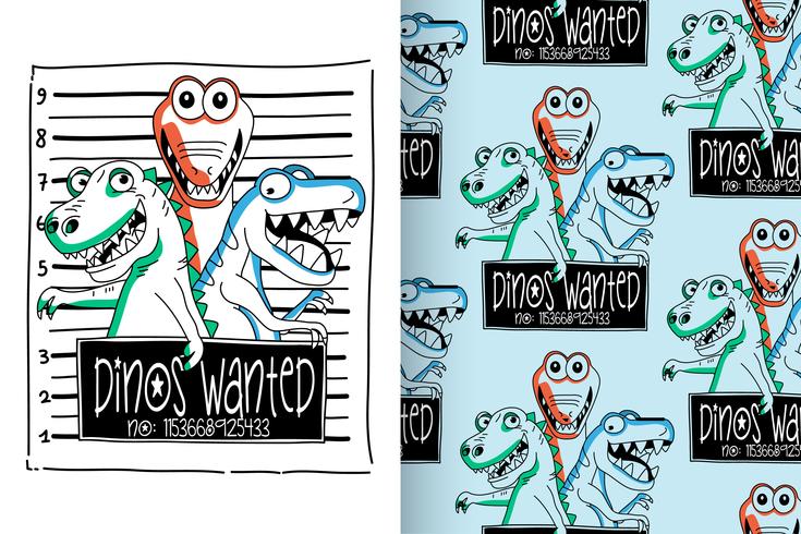 Dinos Wanted Hand drawn cute dinosaur Pattern Set vector