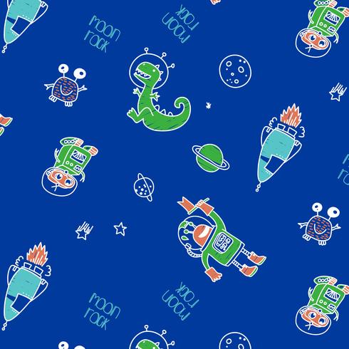 Hand drawn monster alien and dinosaurs in space pattern  vector