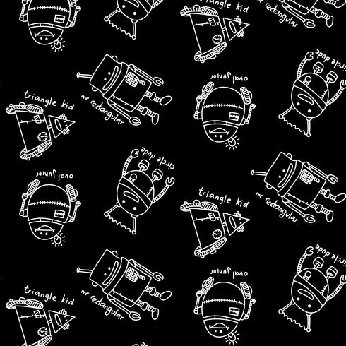 Hand drawn white line robots pattern  vector