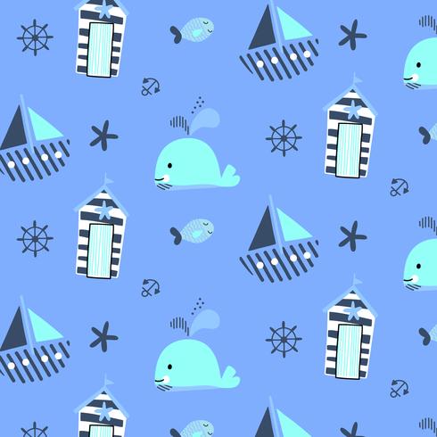 Hand drawn whale and sailboat pattern vector