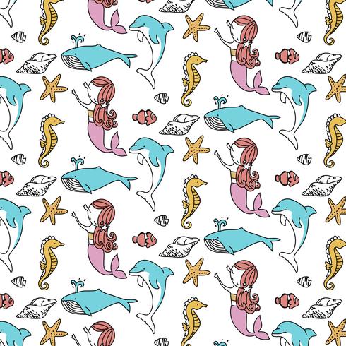 Hand drawn kids mermaid ocean pattern  vector