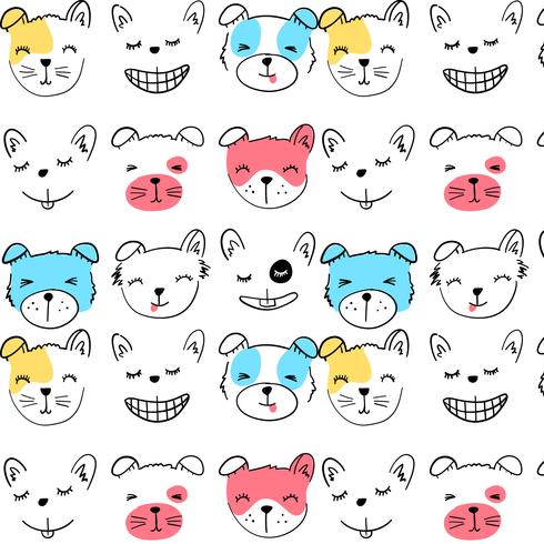 Hand drawn smiling happy dog face pattern  vector