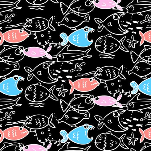 Hand drawn white line colorful fish eating pattern  vector