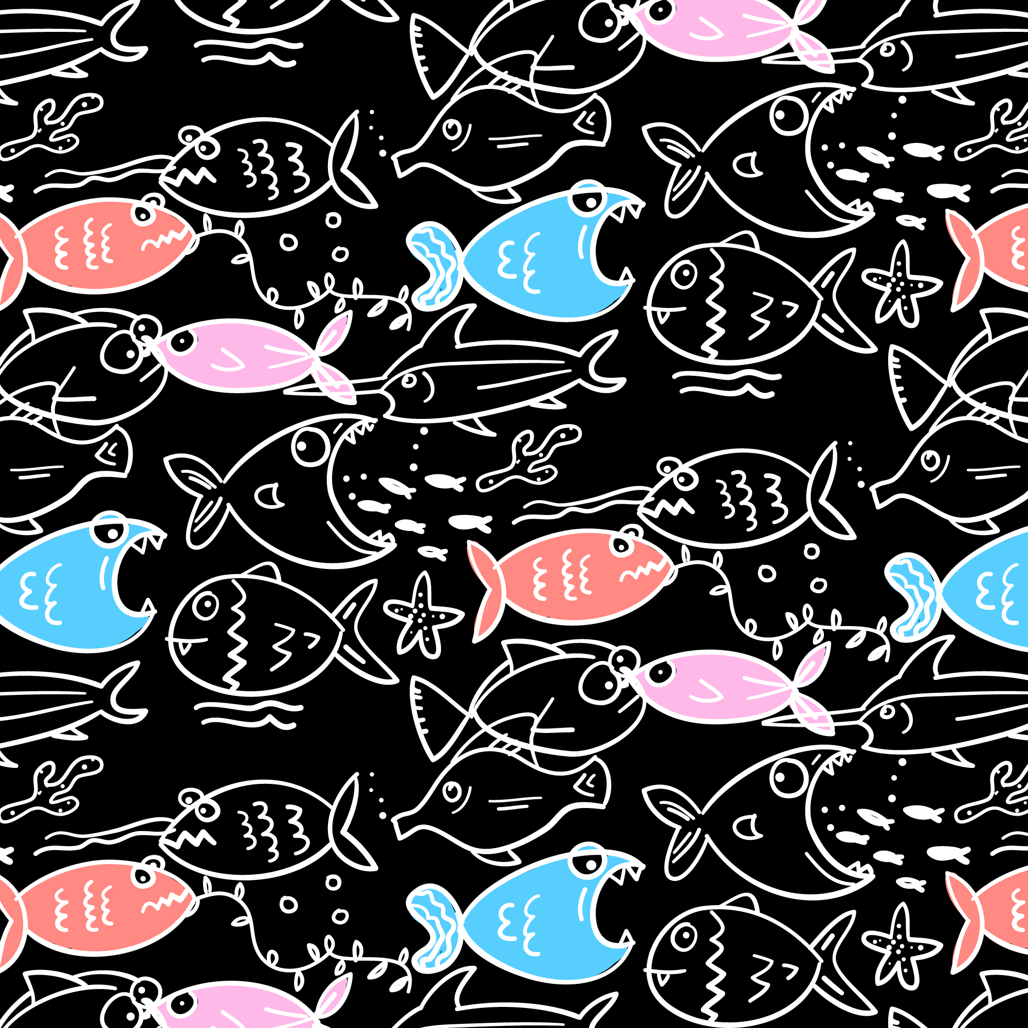 Download Hand drawn white line colorful fish eating pattern ...