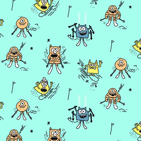 Hand drawn skiing monster pattern vector