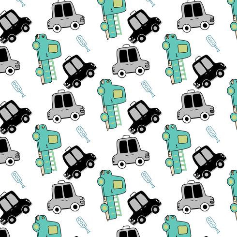 Hand drawn simple shape taxi and bus pattern  vector