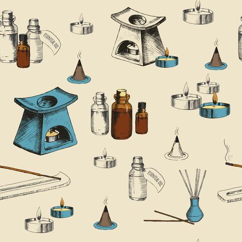 Aromatherapy seamless pattern with hand drawn objects vector