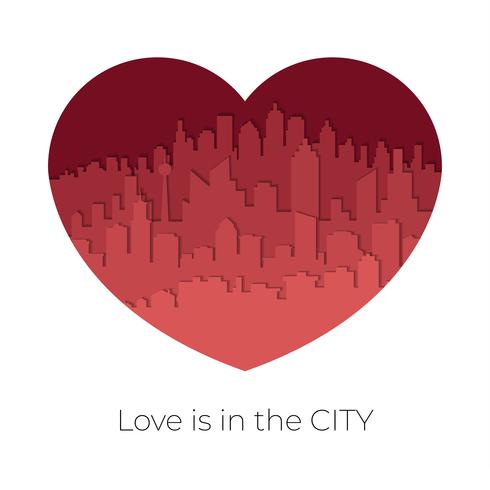 City skyline in red-tone in Valentine concept in heart shaped vector