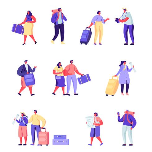 Set of flat people family goes on vacation characters vector