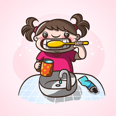 Little girl brushing her teeth. vector