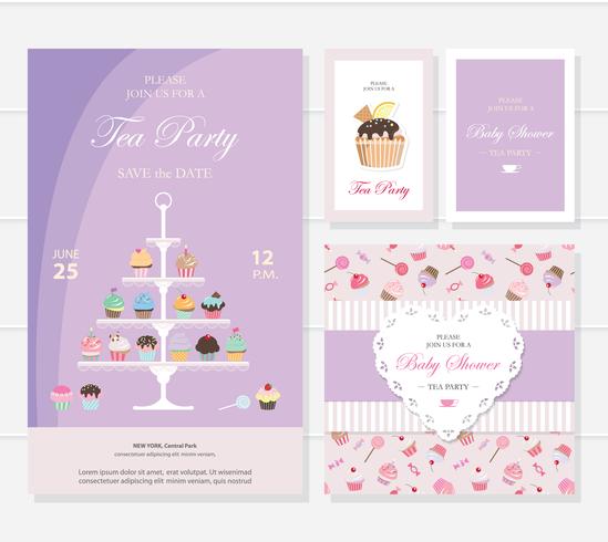 Cute templates with cupcakes stand and sweets. vector