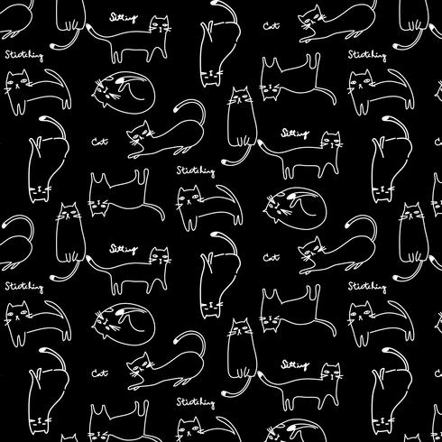 Hand drawn white outline cat sitting and stretching pattern vector