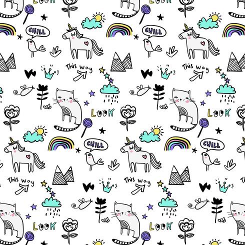 Hand drawn black outline cat and unicorn pattern vector